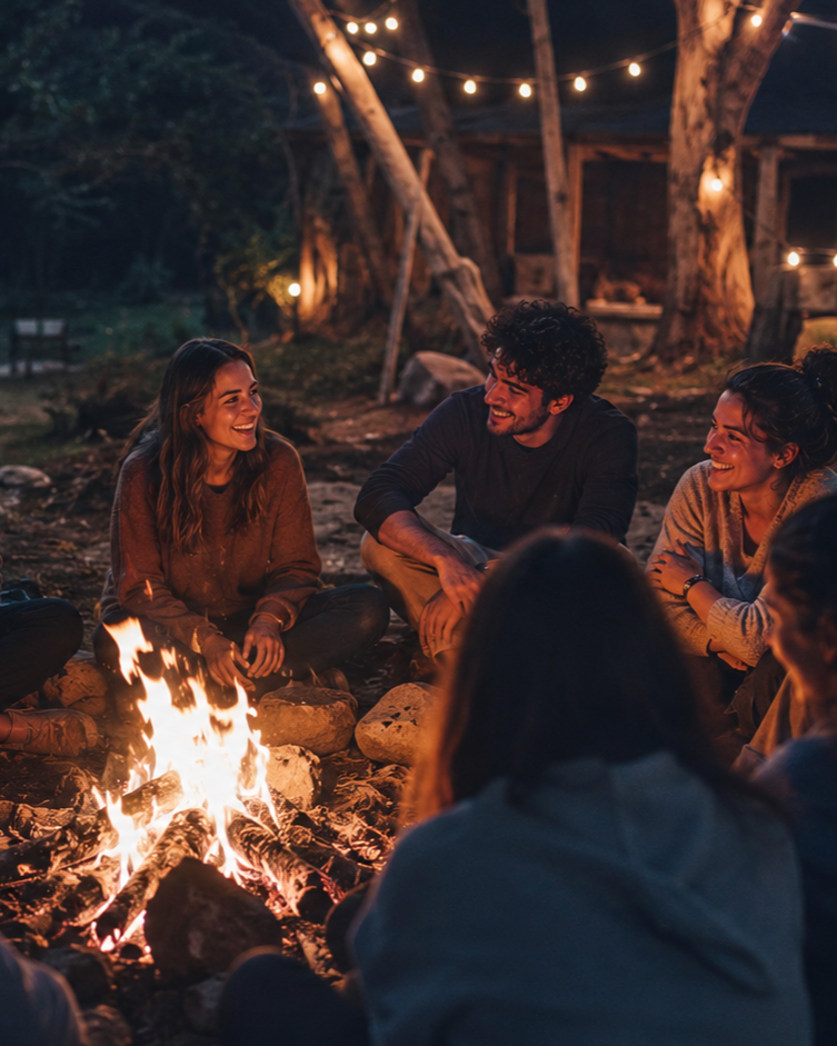 Jóvenes reunidos frente a una fogata conversando felizmente.
