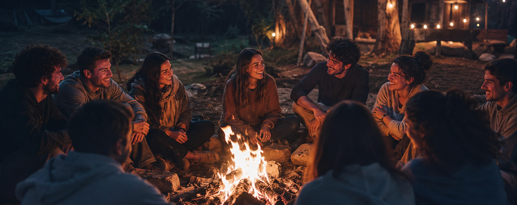 Jóvenes reunidos frente a una fogata conversando felizmente.